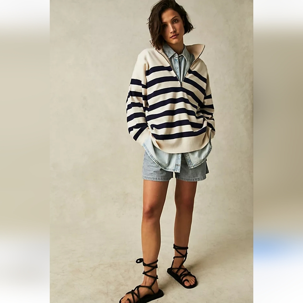 FREE PEOPLE Coastal Navy Cream Navy Striped Half Zip Pullover NWT - Picture 4 of 9
